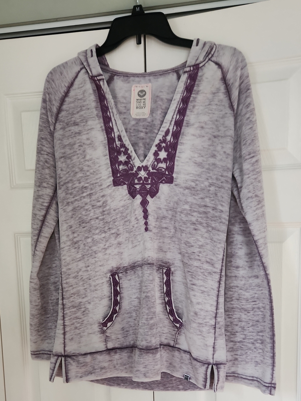 Roxy Lavender Heather Hoodie with Purple Embroidered V Detail